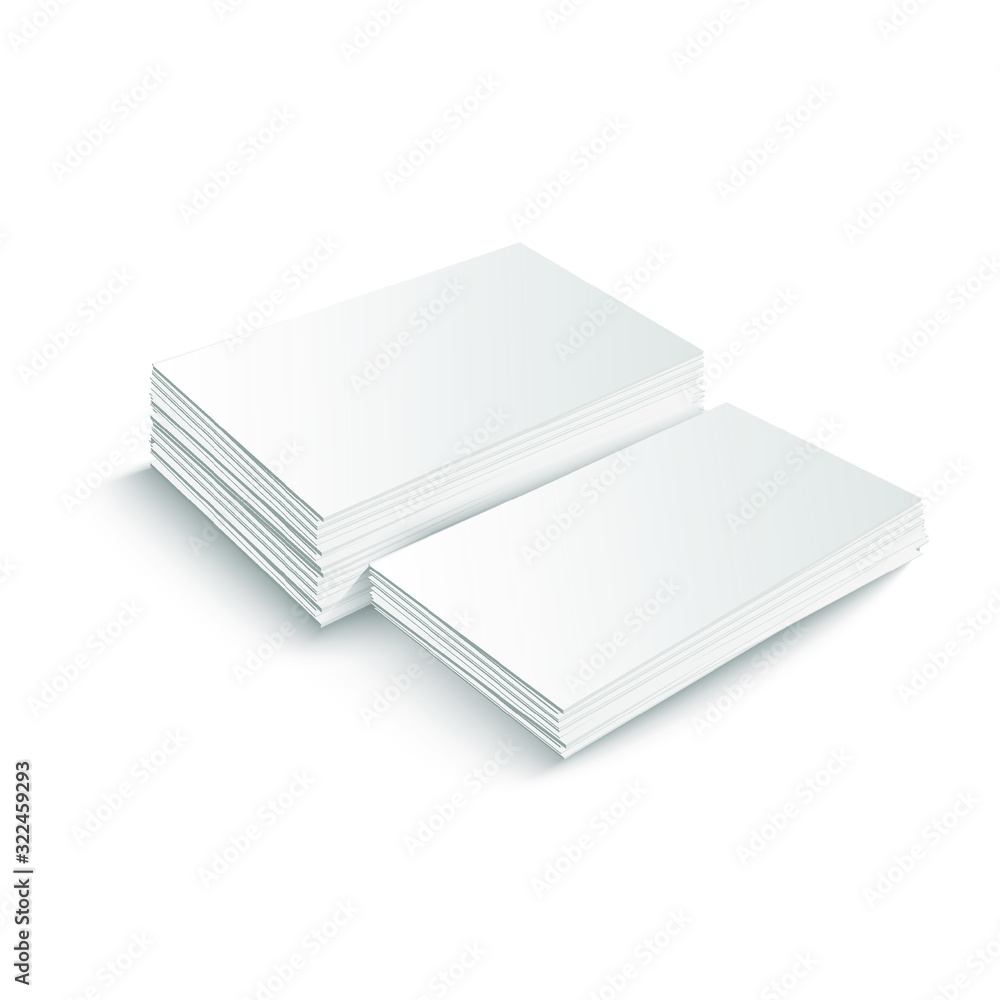 Two stacks of blank business cards of different heights on white background with soft shadows. Two stacks of blank business cards of different heights on white background with soft shadows.