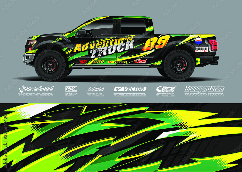Truck wrap design vector kit. Modern sport graphics. Abstract stripe racing and grunge background for wrap all vehicle, race car, rally, adventure vehicle and car livery. Truck wrap design vector kit. Modern sport graphics. Abstract stripe racing and grunge background for wrap all vehicle, race car, rally, adventure vehicle and car livery.
