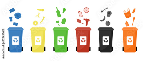 Garbage cans vector flat illustrations. Sorting garbage. Ecology and recycle concept. Colorful recycle trash bins isolated on white background.