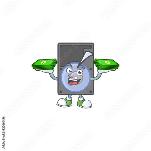 rich and famous hard disk cartoon character with money on hands