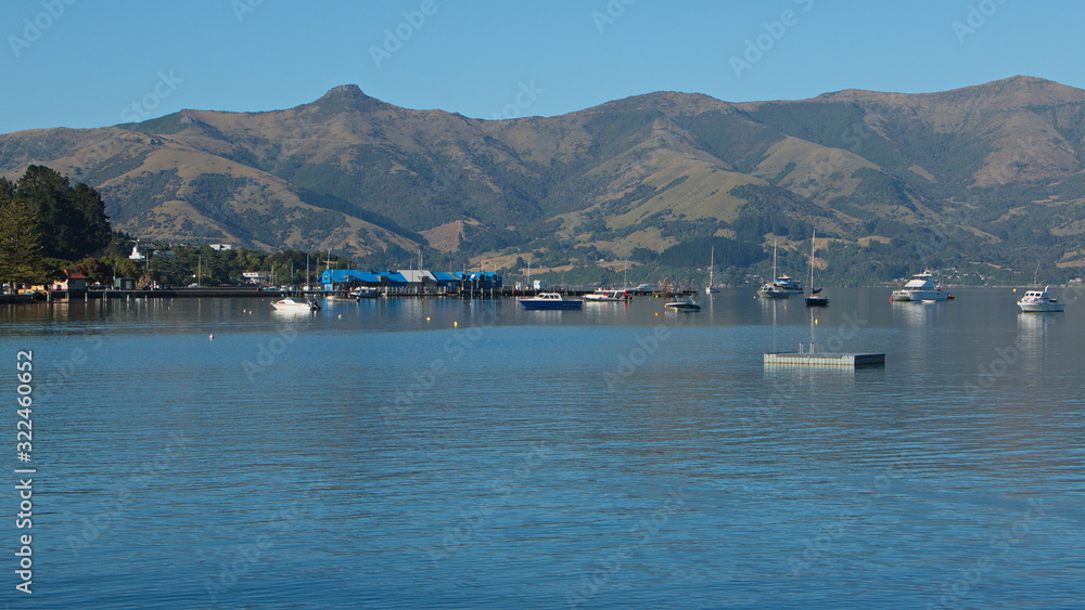 Harbour in Akaroa on Banks Peninsula on South Island of New Zealand