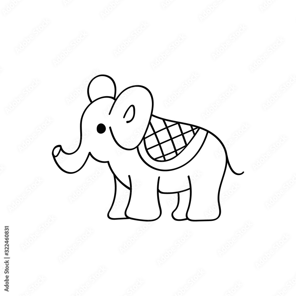 Obraz premium Hand drawn elephant. Elephant of black contour isolated on white background. Design element for coloring book. Vector illustration.