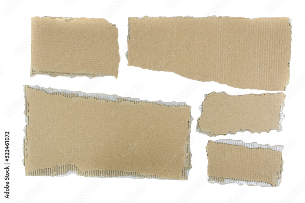 Collection of torn pieces recycled cardboard isolated on white background. Banner. Copy space