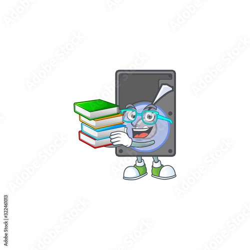 A brainy clever cartoon character of hard disk studying with some books