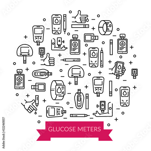Diabetes blood glucose meter linear icons set