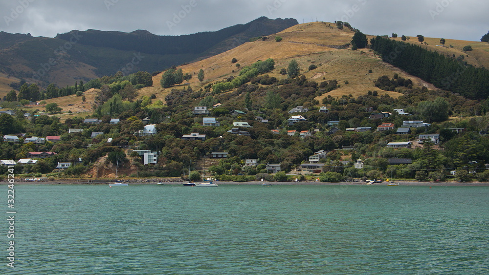 Coast in Akaroa on Banks Peninsula on South Island of New Zealand