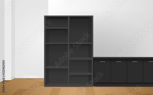 black showcase and cabinet in the room