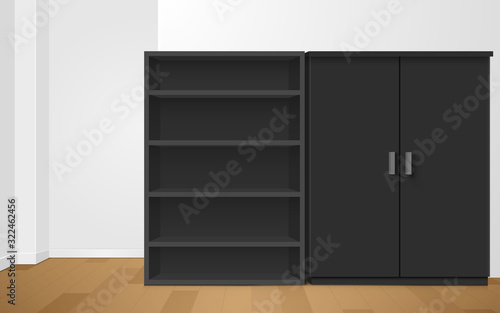 black showcase and cabinet in the room