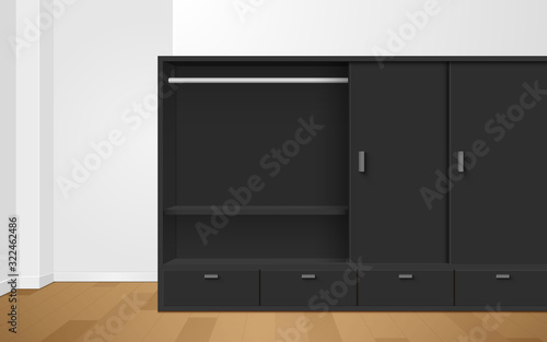 black wardrobe and showcase in the room