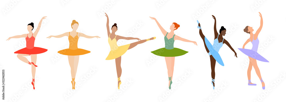 Dancing ballerina series. Vector set of ballerina dancing pointe set. Girls of different nationalities and skin colors. Black-skinned, fair-skinned ballerinas dance in different dresses.
