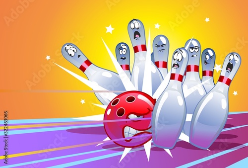 Red ball makes a strike. Frightened skittles, aggressive ball. Vector illustration.