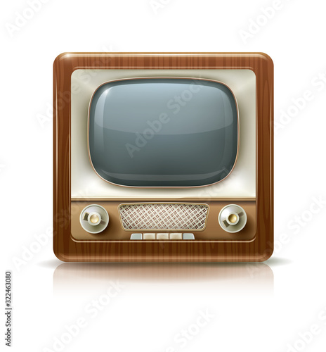 Isolated photo realistic vector illustration of antique TV. Old warm design, lacquered wood, creamy plastic and golden knobs. Useful for icon design, social media pictures, user interface elements