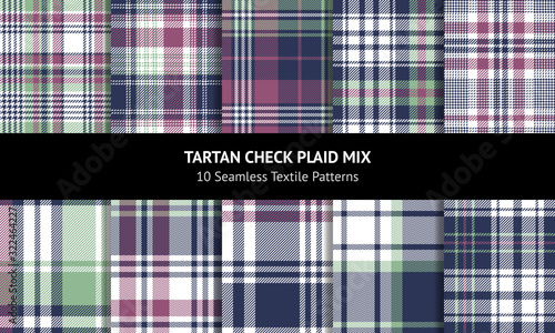 Plaid pattern set. Seamless multicolored check plaid graphics in dark blue, pink, green, and white for flannel shirt, blanket, duvet cover, or other modern autumn, winter, spring fabric design.