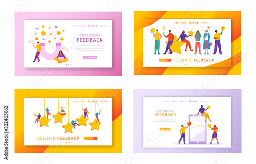 Client feedback landing page set - tiny people and giant rating stars, gadgets, web banner with copy space, customers review and feedback, online service evaluation. flat cartoon caracters, Vector