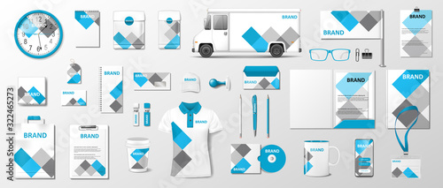 Corporate identity template with classic blue color elements. Realistic Business Stationery mockup with abstract geometric design for your brand. Vector illustration