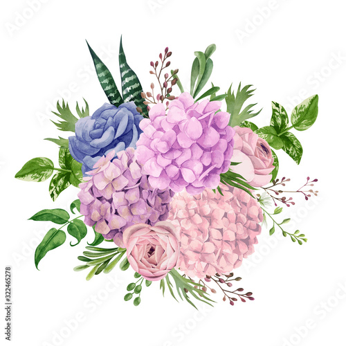 Lush pink hydrangea bouquet, top view, hand drawn