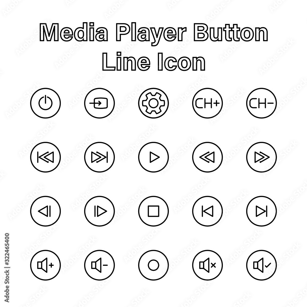 Set of Media Player Line Icon Editable Stroke on White Background Set of Media Player Line Icon Editable Stroke on White Background