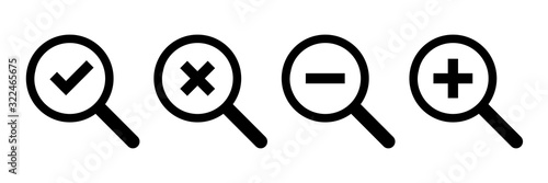 Loupe icons. Vector isolated symbols. Checkmark cross minus plus icons. Magnifying glass icon vector. Magnifying glass symbol. Check icon vector. Round button.
