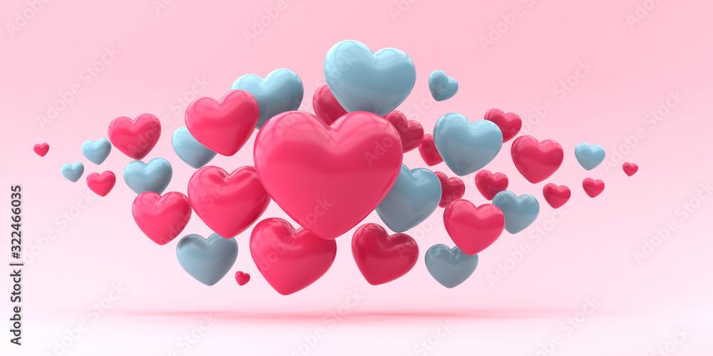 Many colorful flying hearts on a blue background. 3d render illustration.