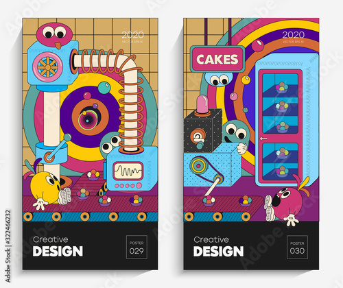 Bright cartoon illustrations with funny faces. The vector is suitable for your project, animation, advertising, flyer, poster, postcard etc. Children's illustration, bright art.