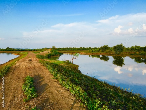 landscape with lake and blue sky