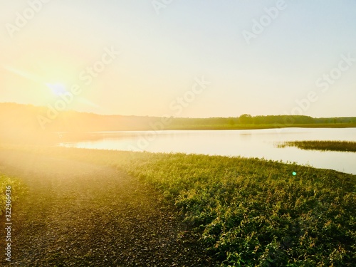 sunset over green field