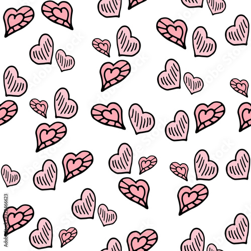 Seamless pattern with colorful hand drawn hearts on a white background. It can be used for decoration of textile, paper and other surfaces.