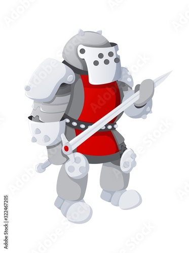 Cartoon medieval knight with long sword, isolated on white background