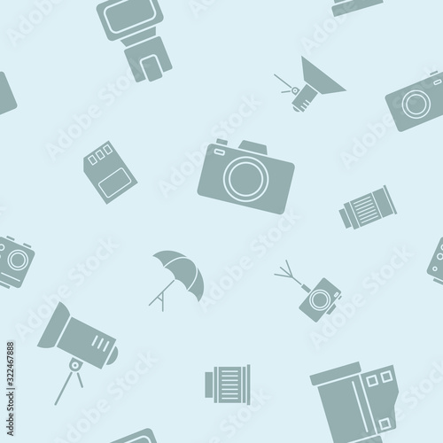 Photo equipment background - Vector seamless pattern solid silhouettes of camera, flash, lens, tripod, slr and light for graphic design