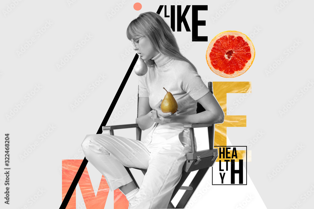 Fashion stylish young woman holding pears fruits posing on trendy minimal creative modern abstract contemporary art collage monochrome and color background, zine culture, healthy lifestyle concept - obrazy, fototapety, plakaty 