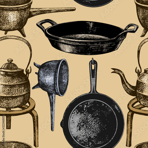 .Various cast iron cookware. Vintage seamless pattern. Hand-drawn vector illustration of kitchen utensils.