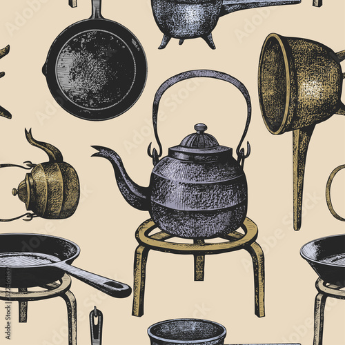 .Various cast iron cookware. Vintage seamless pattern. Hand-drawn vector illustration of kitchen utensils.