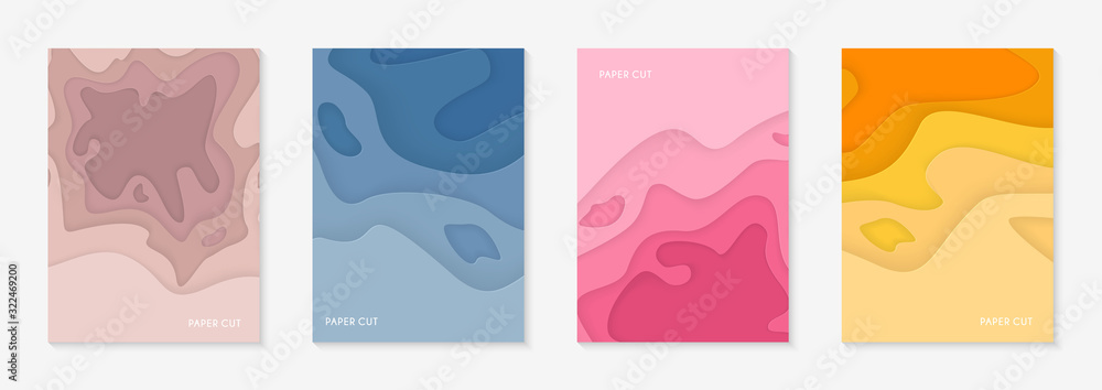 Vertical banners set with 3D abstract background and paper cut shapes