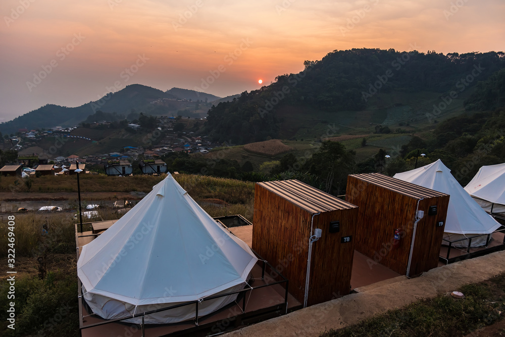 Chiang Mai , Thailand - January, 17, 2020 : Camping tents on the mountains in Chiang Mai, Thailand