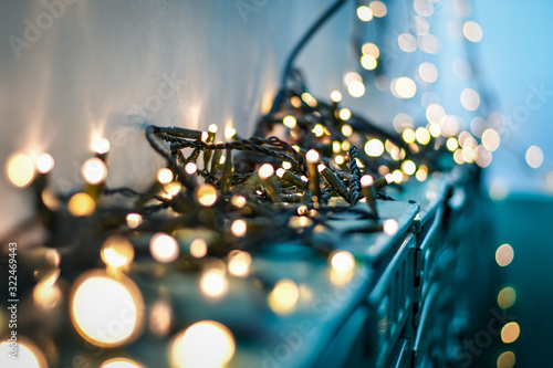 Post office boxes decorated with bokeh lights. Selective focus, low DOF