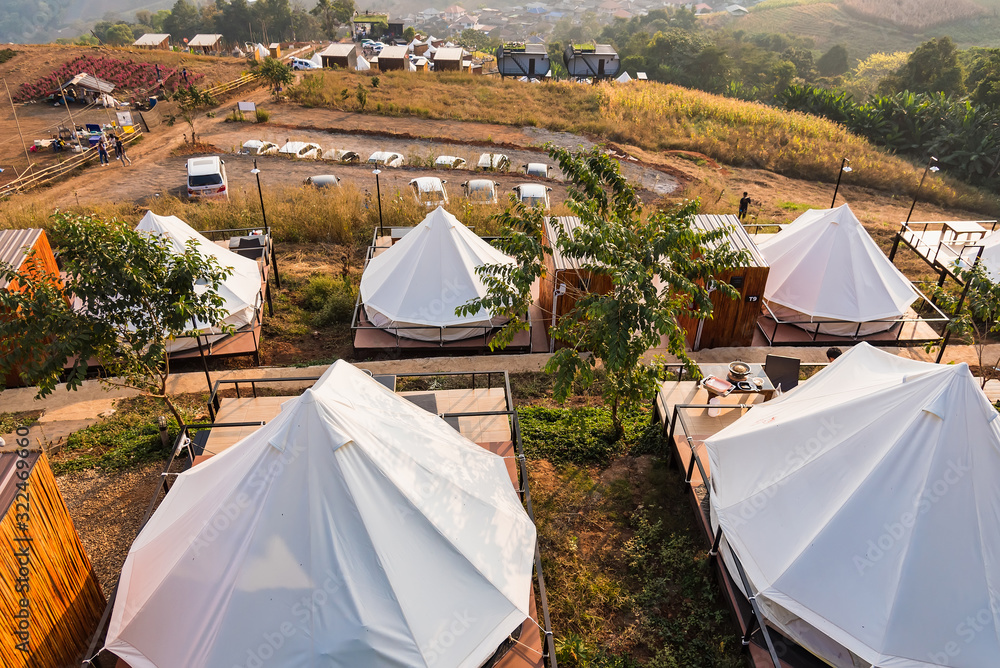 Chiang Mai , Thailand - January, 17, 2020 : Camping tents on the mountains in Chiang Mai, Thailand