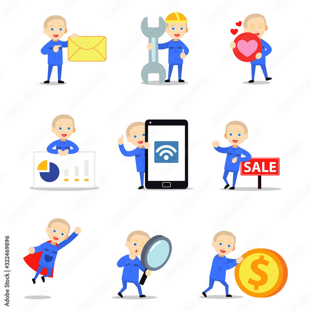Set character of man factory worker as quality control. Set character of man factory worker as quality control.