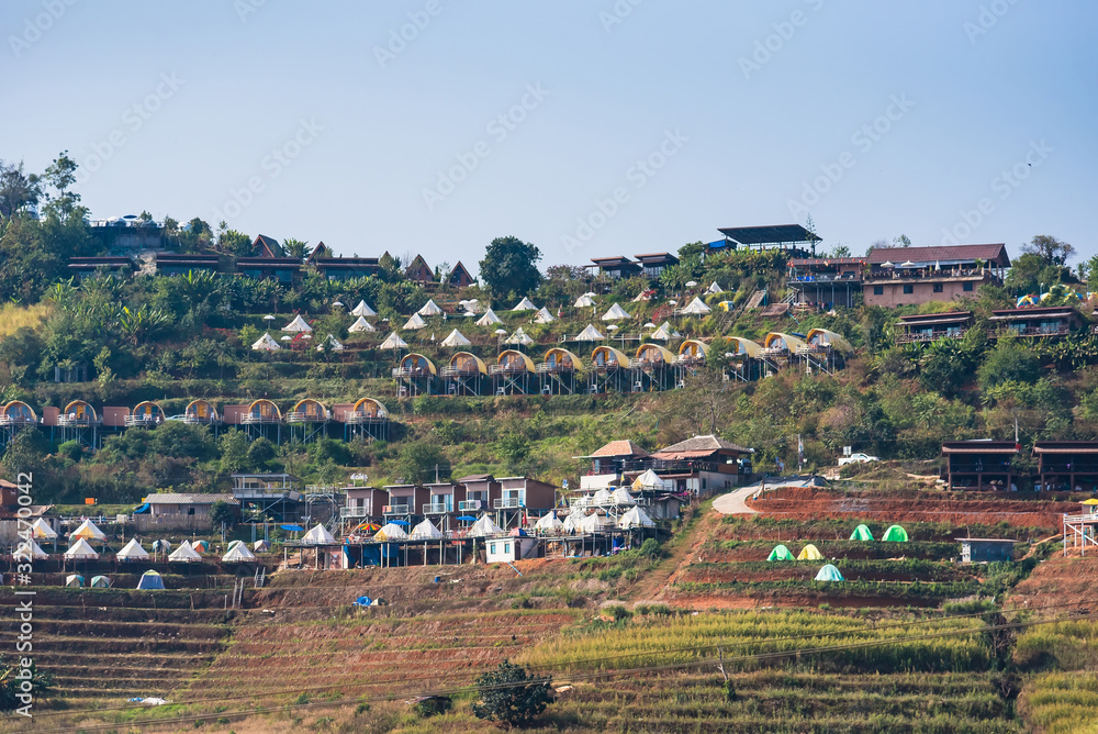 Chiang Mai , Thailand - January, 18, 2020 : Landscape of accommodation in the mountains from Doi Mon Jam in Chiang Mai and Tourist Attractions Northern of Thailand