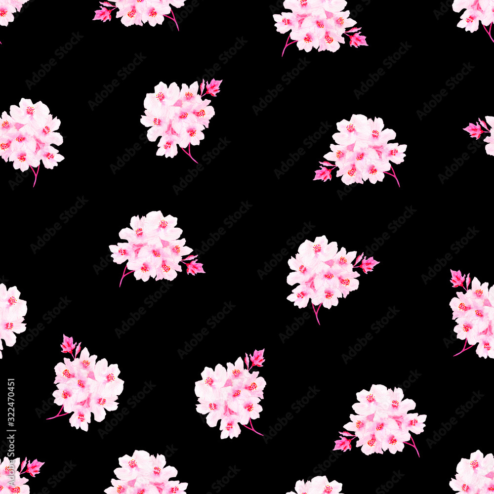 Seamless floral pattern on a black background. sakura blossom print. Little watercolor flowers.