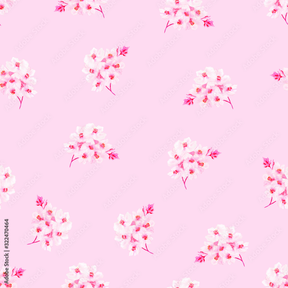 Seamless floral pattern on a pale pink background. Delicate cherry blossom print.small watercolor flowers.