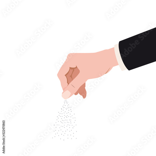 Human hand salting, salts, spice. Cooking gesture sprinkle vector