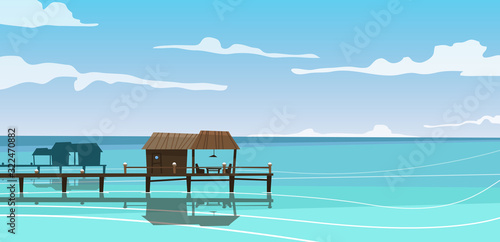 vector image of houses on the water, standing in the azure sea against the sky with clouds
