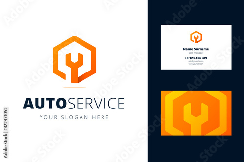 Logo and business card template for auto, repair services, system administrators, car service.s Vector illustration with wrench sign in origami, overlapping style.
