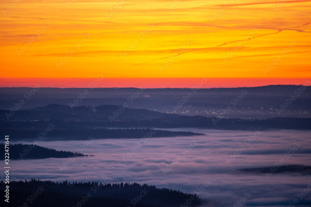 Winter Dusk Sunset and Fog Covered Valley in Spokane, WA