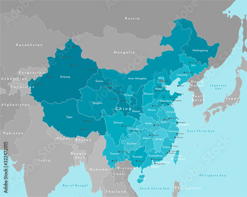 Vector modern illustration. Simplified geographical  map of China and nearest states on continent. Blue background of seas. Names of the cities (Beijing, Hong Kong) and provinces