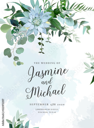 Herbal vector frame. Hand painted plants, branches, succulent on painted blue dye background