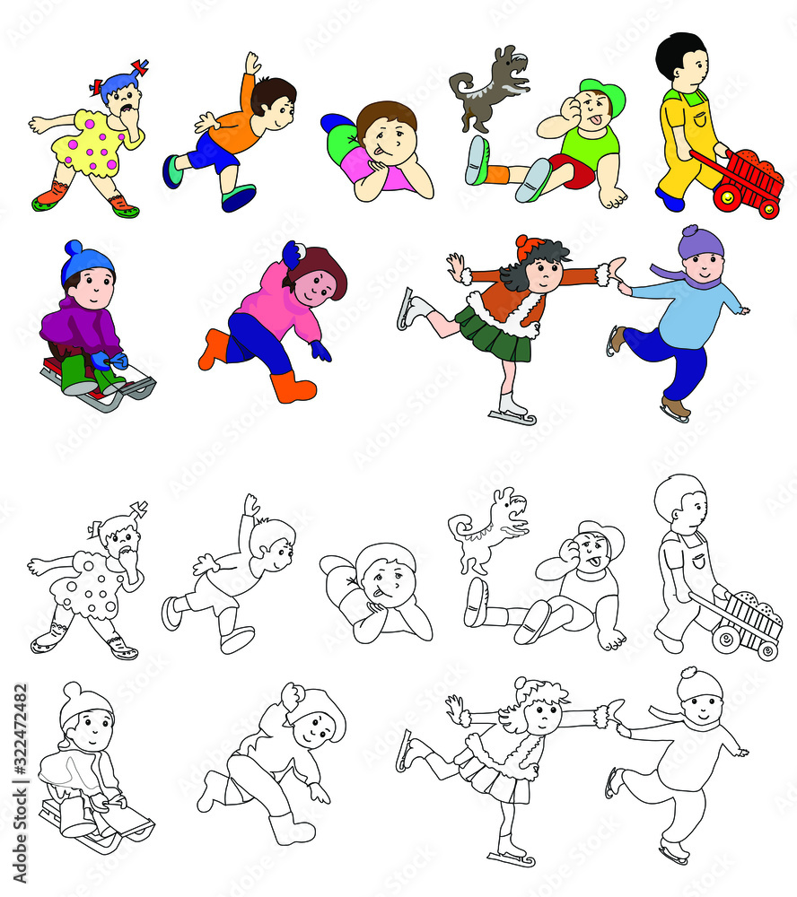 Happy kids laughing and jumping with joy, no gradients, isolated, both colored and black and white Happy kids laughing and jumping with joy, no gradients, isolated, both colored and black and white