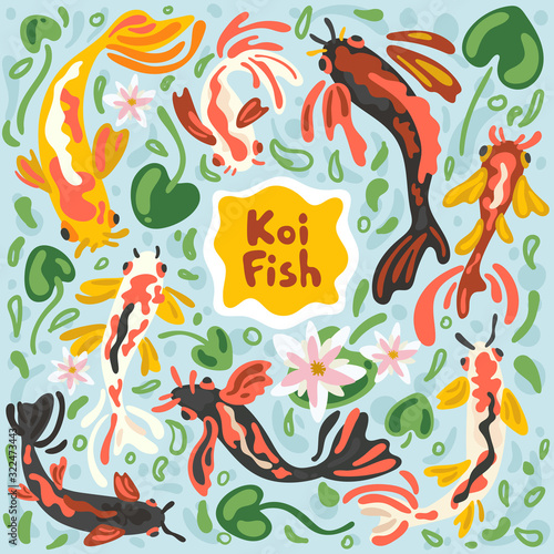 Colorful koi fishes. Vector stock illustration koi carp abstract. Japanese, Chinese swimming carps in pond with lotus leaf, floral and algae. Modern flat impressionism or doodle free hand style.