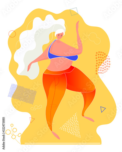 Happy yoga plus size girl. Happy body positive concept. Different is beautiful. Attractive overweight woman. For Fat acceptance movement no fatphobia. Vector illustration on retro background.