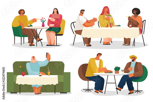 Coffee house or cafe, eating out, customers on chairs and couches vector. Couple on date, business lunch, arab woman taking selfie, friends meeting. Coffee house or restaurant furniture illustration